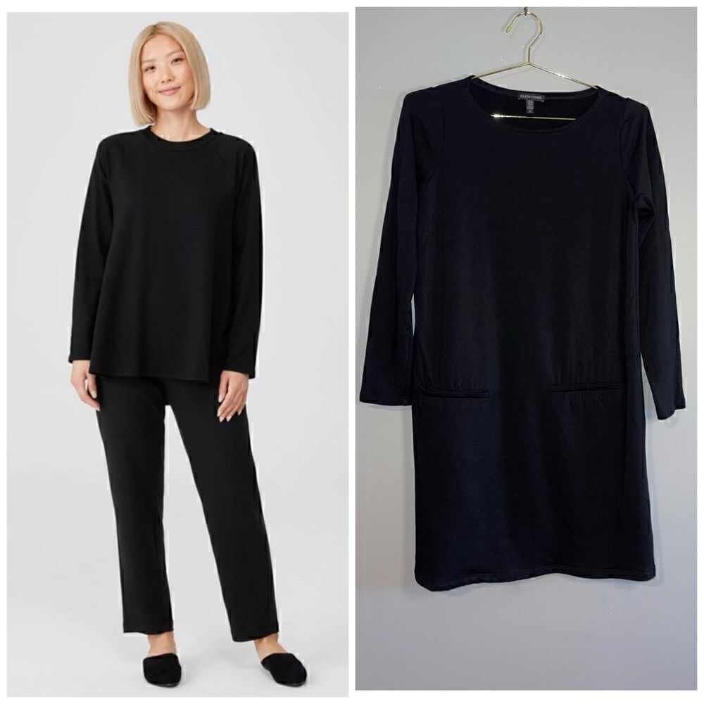 Eileen Fisher Tencel Black Long Sleeve Fleece Lined Tunic | SZ S